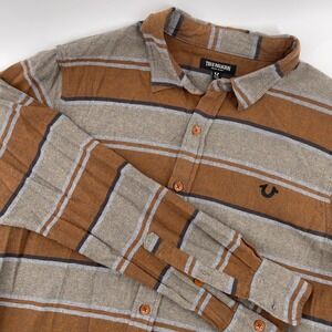True Religion Mens Striped Long Sleeve‎ Button Down Shirt Brown Gray Large